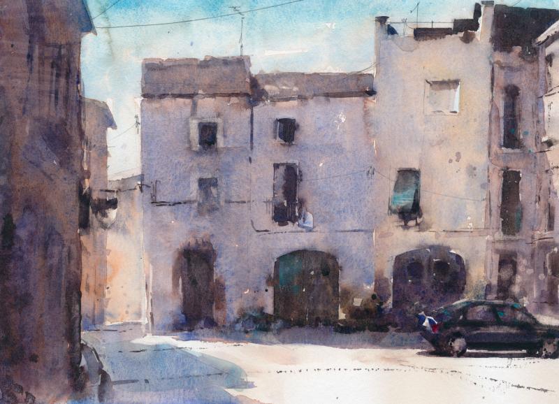 Modernes Aquarell einer mittelalterlichen Stadt